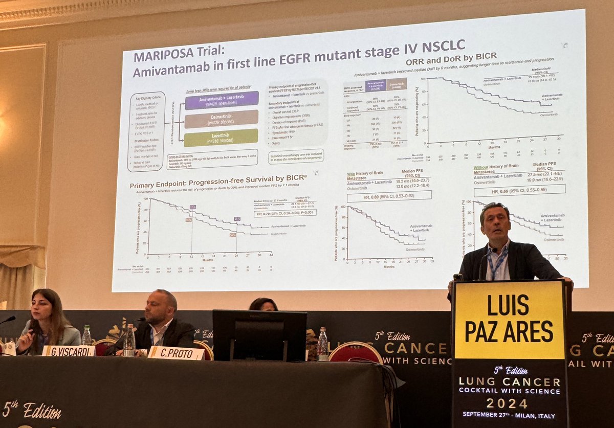 StephenVLiu's tweet photo. Session on targeted therapy chaired by Drs. @Ritalepp @giusvisc @claudia_proto with @LuisPaz_Ares discussing #EGFR: FLAURA2 vs MARIPOSA - longer PFS but cost of toxicity &amp; infusions. Many prognostic factors, need predictive ones. Ivonescimab - is this the future of IO for EGFR? https://t.co/oMD9Sgl7j6