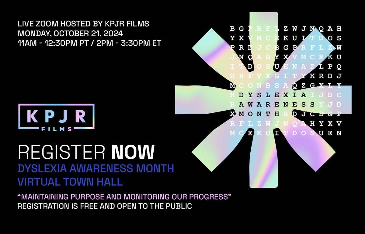 KPJRFilms's tweet photo. October is Dyslexia Awareness Month!

Join our Virtual Town Hall: "Maintaining Purpose & Monitoring Our Progress"
LIVE on Zoom, Oct 21st | 11am-12:30pm PT
7pm - 8:30 pm GMT
2pm - 3:30pm ET
1pm - 2:30pm CT

Free registration now open! Will you join the conversation? https://t.co/nTmBSQQMAV