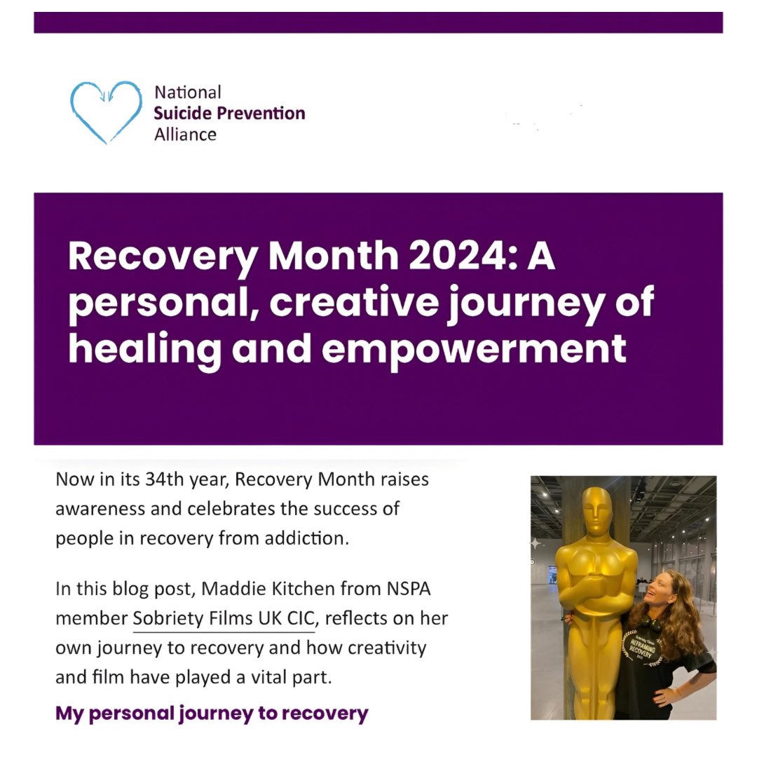 Sobriety Films UK (@uksobriety) on Twitter photo #recoverymonth blog for <a href="/NSPA_UK/">National Suicide Prevention Alliance</a> 🙏🏼 I’m honoured to share my #addiction & #mentalhealth #recovery story and how #film & #creativity has been a sustaining force. 🎬💜
#NSPA #SuicidePrevention #recovery #healing #stigma #recoverymonth blog for <a href="/NSPA_UK/">National Suicide Prevention Alliance</a> 🙏🏼 I’m honoured to share my #addiction & #mentalhealth #recovery story and how #film & #creativity has been a sustaining force. 🎬💜
#NSPA #SuicidePrevention #recovery #healing #stigma