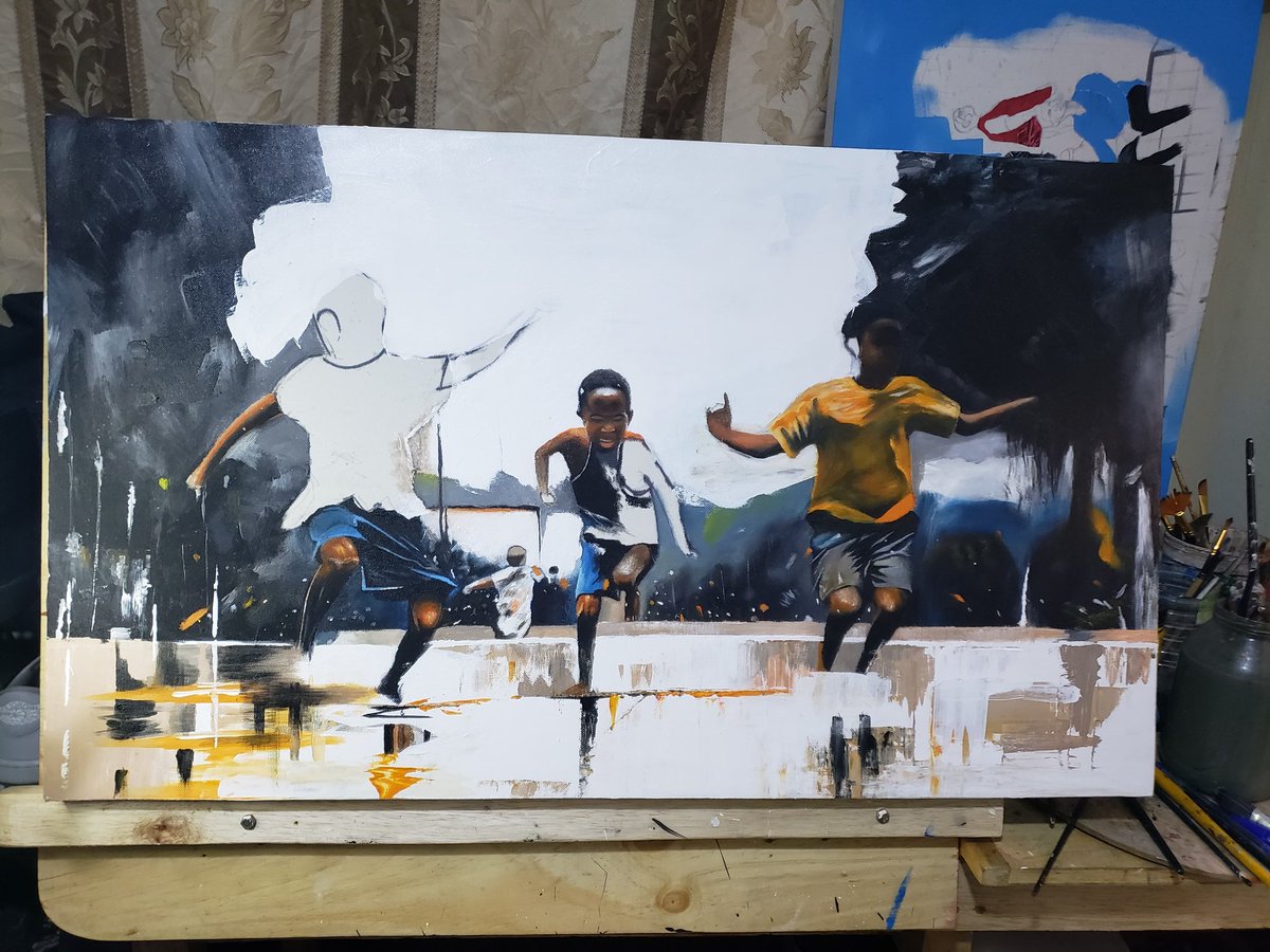 samobi254's tweet photo. Work in progress: "Joy in Motion: Three children run through puddles, embracing the carefree spirit of play and childhood freedom." https://t.co/D1YQSrFE17