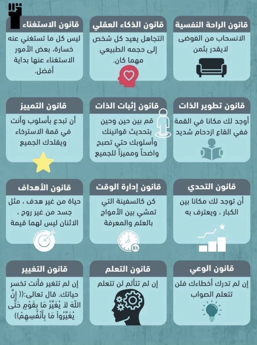 ١٢ قانونا اجدها كفيله
بان تكون شخصا جديدا للأفضل👍🏻