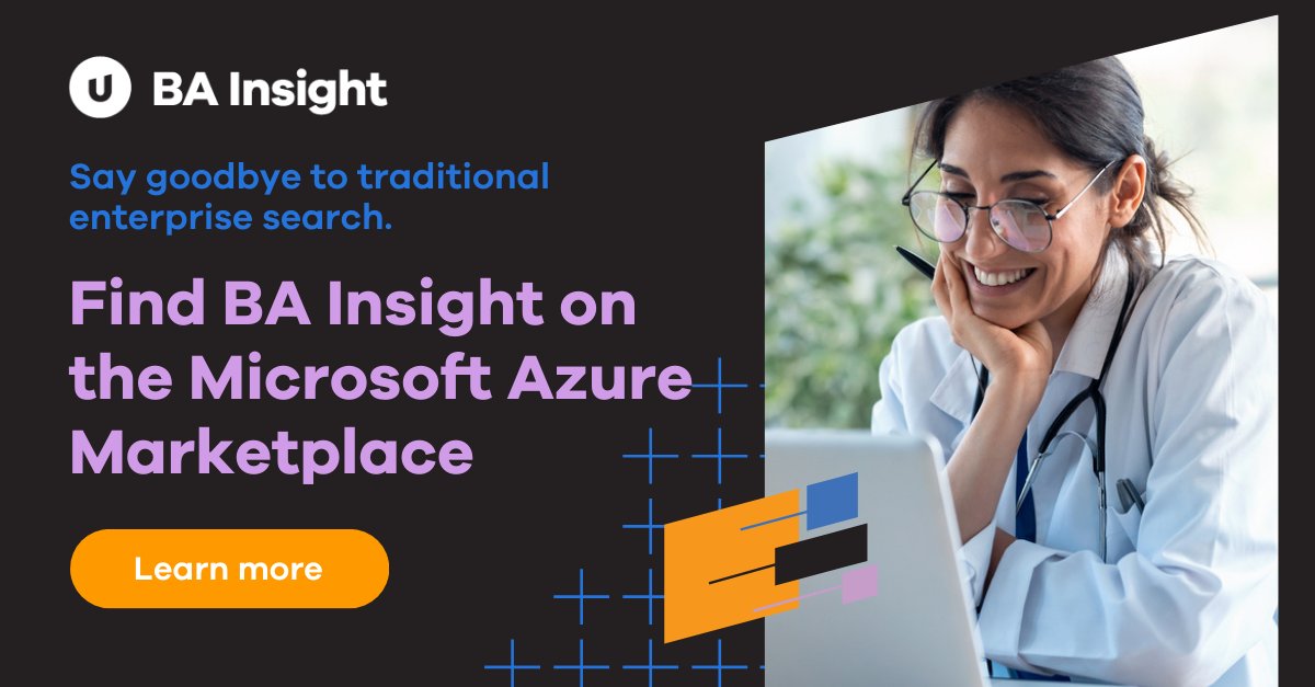 Traditional #enterprisesearch is old school. Users want relevant answers, effortlessly. Find BA Insight's #AISearch  on the #Microsoft Marketplace for #Azure to learn about our 90+ Connectors, then reach out to enable your #AI success. ow.ly/zKfS50PBAA9 #IntelligentSearch