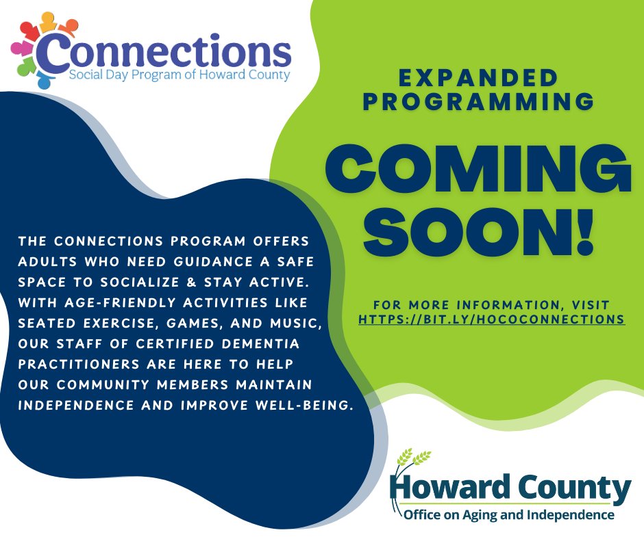 HoCoCommunity's tweet photo. Exciting News! 🎉#HoCoAging is expanding its Connections Social Day Program to our East Columbia 50+ Center, beginning Oct. 1, 2024. Now in two locations: Ellicott City &amp; East Columbia 50+ Centers. 

Contact Felicia Stein at 410-313-1425 or fstein@howardcountymd.gov to register. https://t.co/ALDUPA7Heu
