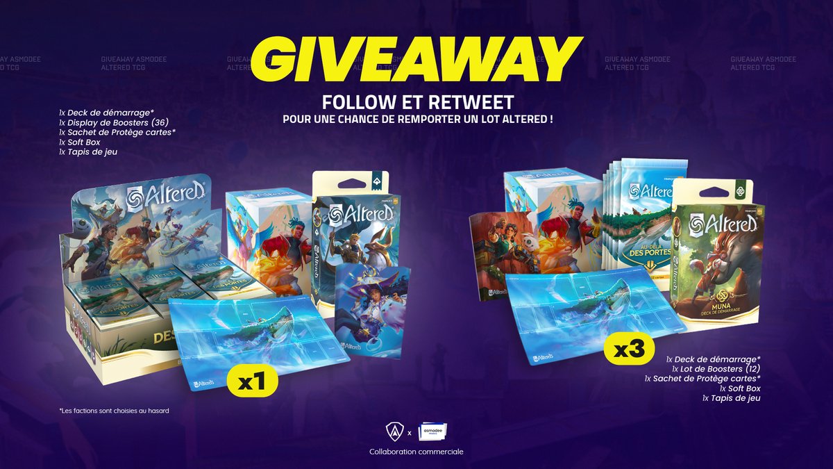 𝗚𝗜𝗩𝗘𝗔𝗪𝗔𝗬 𝗔𝗦𝗠𝗢𝗗𝗘𝗘 𝘅 𝗔𝗘𝗚𝗜𝗦

Pour la sortie d'Altered, Asmodee vous RÉGALE ! 

Un d'autre vous gagnera un énorme lot (composé entre autres de 36 boosters) et 3 autres personnes gagneront un autre pack !

RT &amp; Follow <a href="/Team_Aegis_/">AEGIS</a> &amp; @Asmodee_fr pour participer 🍀