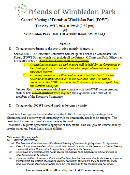 FoWimbledonPark's tweet photo. There will be a General Meeting of Friends of Wimbledon Park on 29th October 2024, to be held at Wimbledon Park Hall, starting at 19:30.
Everyone is welcome to attend. Only paid up members can vote (see our website for how to join).
https://t.co/wpsOuj1jDm https://t.co/h2tT6AqesU