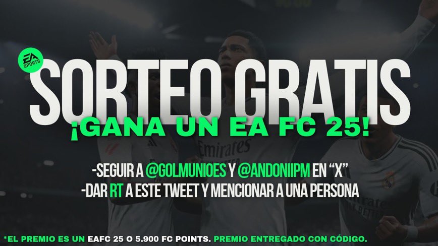 📢 SORTEO #FC25 o 5900 FP🤑

😏 Celebrando el lanzamiento global, junto a <a href="/Golmunioes/">Golmunio 𝕏</a> sorteamos un nuevo EA FC 25 para todos los paises y plataformas.

Requisitos:

- Seguir a <a href="/AndoniiPM/">Andoni</a> ✅
- Seguir a <a href="/Golmunioes/">Golmunio 𝕏</a> ✅
- Rt y mencionar a una persona ✅

Ganador el 5 Octubre❤️