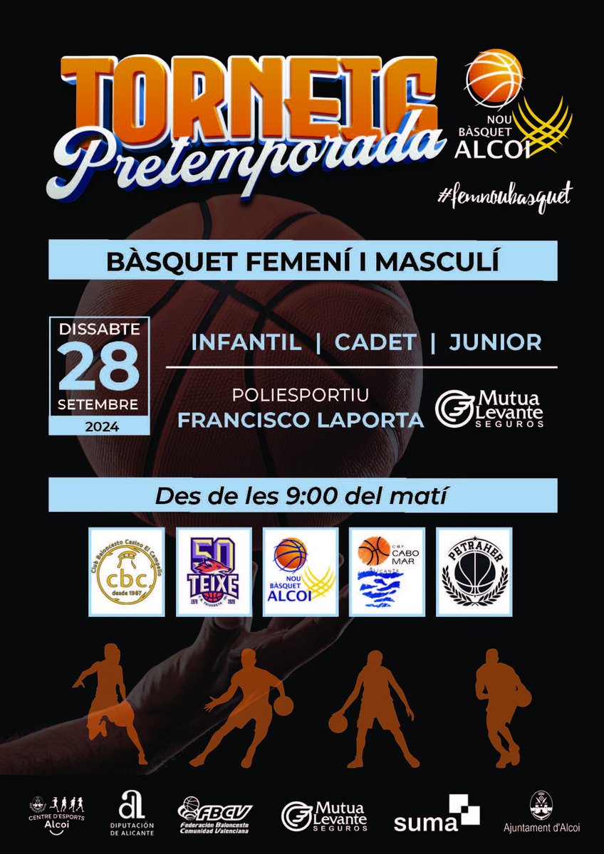 𝙏𝙊𝙍𝙉𝙀𝙄𝙂 𝙋𝙍𝙀𝙏𝙀𝙈𝙋𝙊𝙍𝘼𝘿𝘼
Sábado 29/09 desde las 9h en el <a href="/mutualevante/">Mutua Levante Seguros</a> se disputarán 6 triangulares con 18 partidos y unos 200 participantes en categorías: Infantil, Cadete y Junior masculino y femenino. Participan @cbfcabomar @cbteixereta @cbpetraher @cbccampello