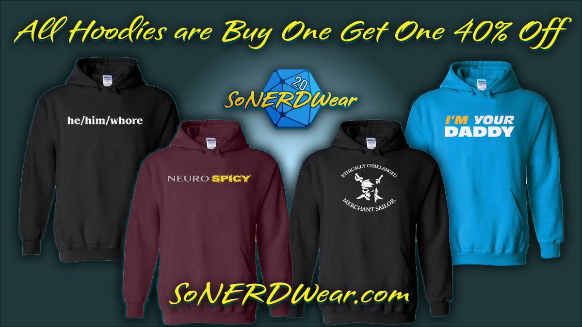 Fall is here and that means <a href="/SoNERDWear/">SoNERDWear</a>  Hoodie Sale is ON!

All hoodies, zips and pullovers, are Buy One Get One 40% off

link below