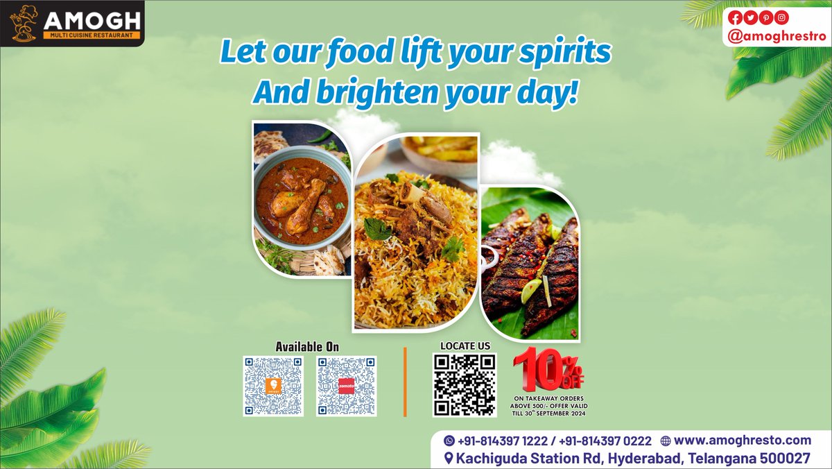 amoghrestro's tweet photo. Let our delicious meals lift your spirits and brighten your day! 🌟
Whether you need a quick bite or a comforting feast, we've got you covered.
Come indulge in flavors that bring joy and warmth to every bite!
10% off on takeaway orders above Rs. 500.
#amoghrestro #offers https://t.co/OpAQnRsE8F