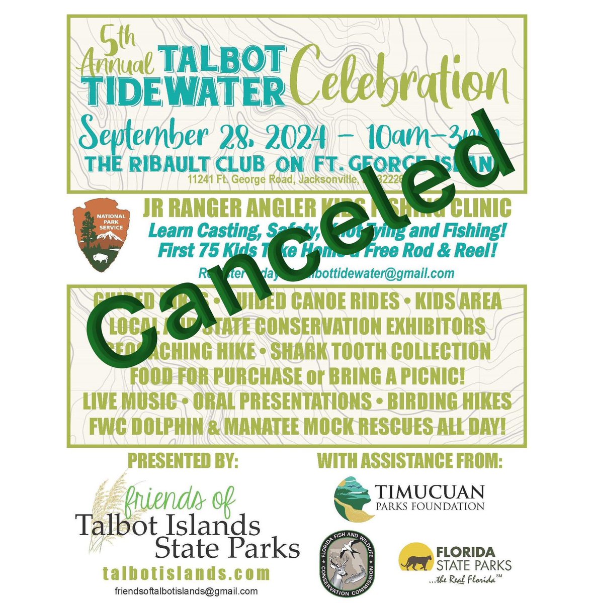Please note the Talbot Tidewater Celebration scheduled for Saturday, September 28, at Ribault Club has been canceled. We will share any news from The Friends of Talbot Islands on any future plans for the event.