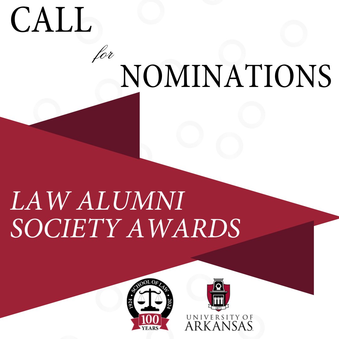 Nominate a #LawHog! Categories include Commitment to Justice, Early Career, Veterans Award and Public Service. Firms also be recognized through the Career Champion Award. Deadline to nominate is Nov. 30 at: law.uark.edu/alumni/alumni-…

#UARKLaw #AlumniAwards