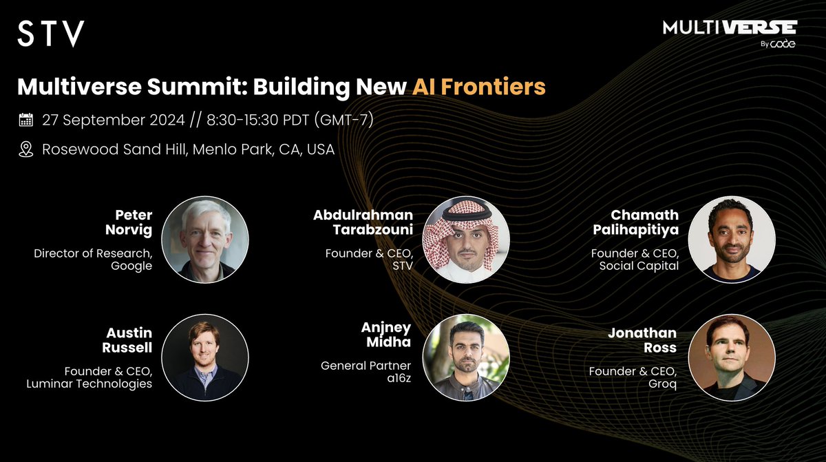 STV (@stvcapital) on Twitter photo Join our Founder & CEO <a href="/aitmit/">Abdulrahman Tarabzouni عبدالرحمن طرابزوني</a> at Silicon Valley's Multiverse Summit "Building New AI Frontiers" for a fireside chat with <a href="/chamath/">Chamath Palihapitiya</a>, alongside a great lineup of AI leaders, discussing the evolution and what's next for AI Join our Founder & CEO <a href="/aitmit/">Abdulrahman Tarabzouni عبدالرحمن طرابزوني</a> at Silicon Valley's Multiverse Summit "Building New AI Frontiers" for a fireside chat with <a href="/chamath/">Chamath Palihapitiya</a>, alongside a great lineup of AI leaders, discussing the evolution and what's next for AI