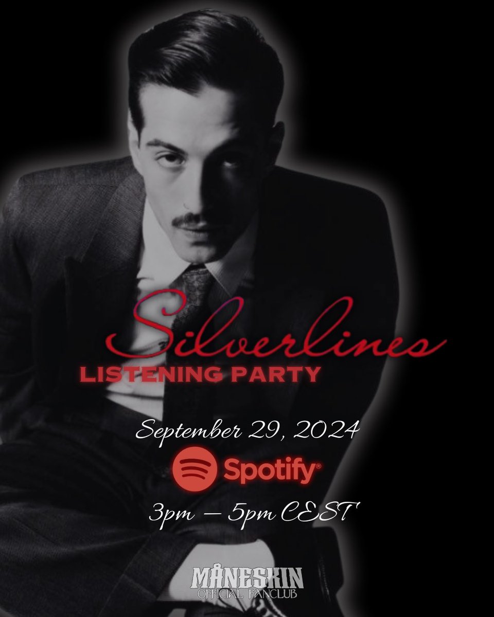 ManeskinFanClub's tweet image. Have you listened to ‘Silverlines’? If you haven't done so yet, this listening party is just for you! Connect with us on Spotify on September 29, from 3pm to 5pm CEST to stream Damiano David's new song.🖤🥀

#Silverlines #SilverlinesListeningParty 
#SilverlinesDamianoDavid