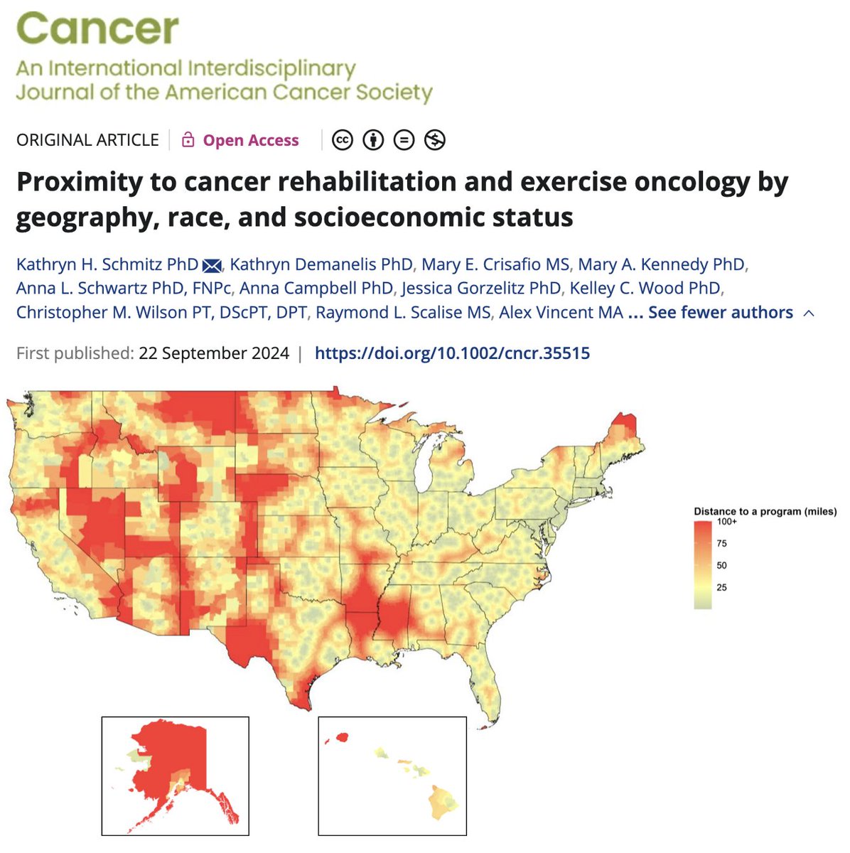 New and #OpenAccess from <a href="/fitaftercancer/">Dr Kathryn Schmitz</a> et al | Exercise is recommended during and after cancer treatment, but proximity to exercise and rehabilitation services varies by geography (rural vs. urban), socioeconomic status, and race.

acsjournals.onlinelibrary.wiley.com/doi/10.1002/cn…

<a href="/OncoAlert/">OncoAlert</a>
