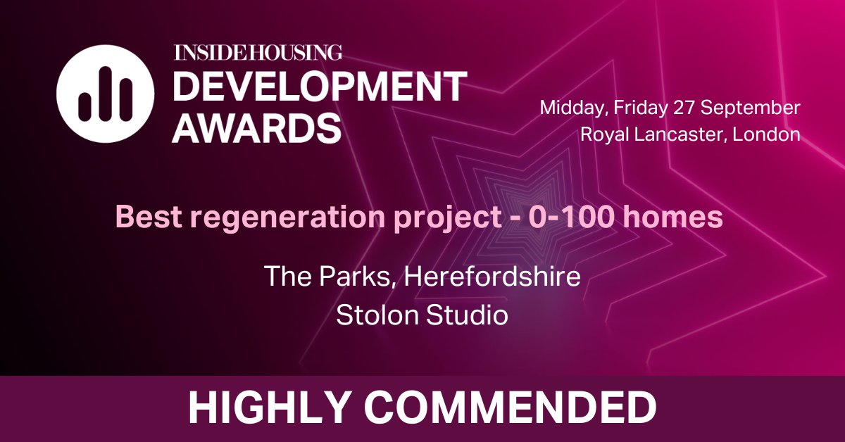 Highly commended for ‘Best regeneration project - 0-100 homes'  was The Parks – a development by @StolonStudio. A huge well done ⭐ #highlycommended #IHDA2024
