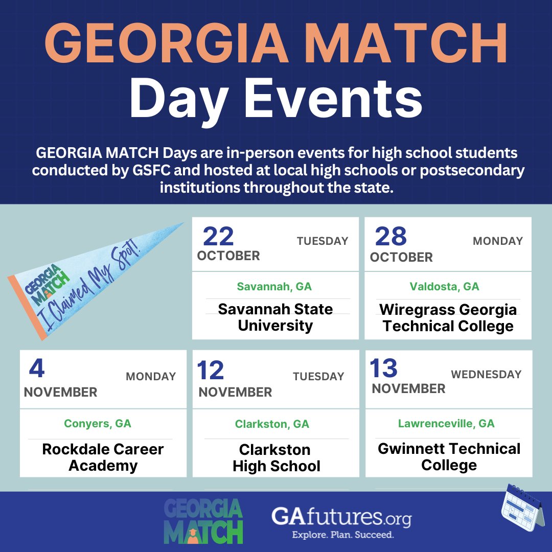 GAfutures's tweet photo. Calling ALL High School Seniors: GEORGIA MATCH Days are in-person events for high school students conducted by GSFC and hosted at local high schools or postsecondary institutions throughout the state. Find a location near you!

Register here:

https://t.co/zIVhAzWBGi https://t.co/jaV44esRQ4