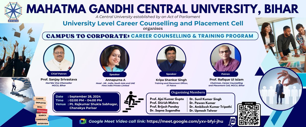 Campus to Corporate: Career Counselling and Training Program on 28th September 2024 <a href="/MGCUBihar/">Mahatma Gandhi Central University</a> . The event aims to guide students in exploring career opportunities, sharpening their skills and preparing for the challenges of competitive job market. <a href="/EduMinOfIndia/">Ministry of Education</a> <a href="/sanjaychanakya/">Sanjay Srivastava</a>