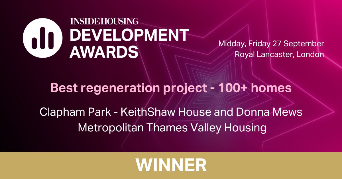 The ‘Best regeneration project - 100+ homes' is <a href="/MetTVH/">MTVH</a>’s development Clapham Park. Congratulations! 🏆 #IHDA2024