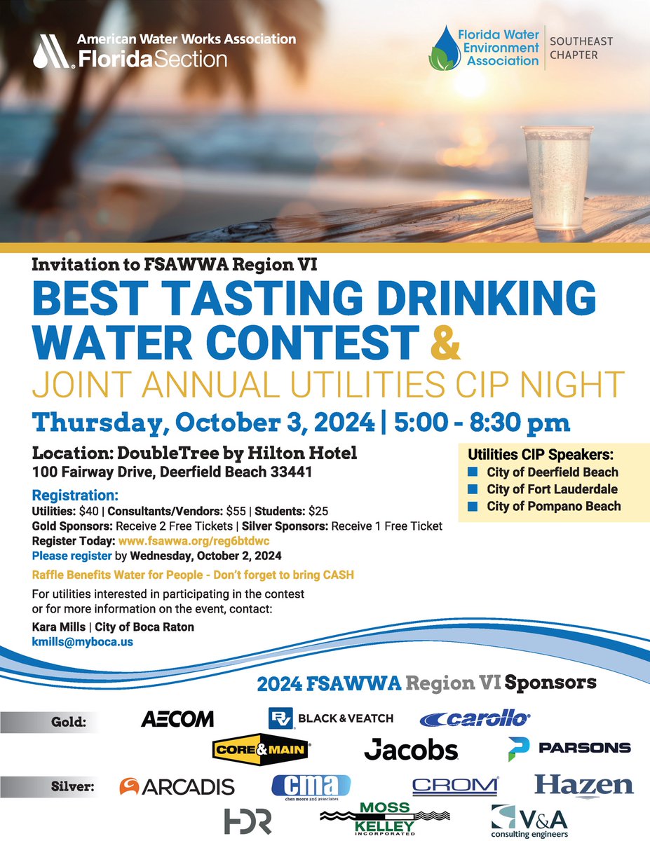 Get ready for an exciting evening for the Best Tasting Drinking Water Contest and Annual Utilities CIP Night and hear CIP presentations from the City of Deerfield Beach, City of Fort Lauderdale, and City of Pompano Beach. Don’t miss out! Register here:
 
fsawwa.org/events/registe…