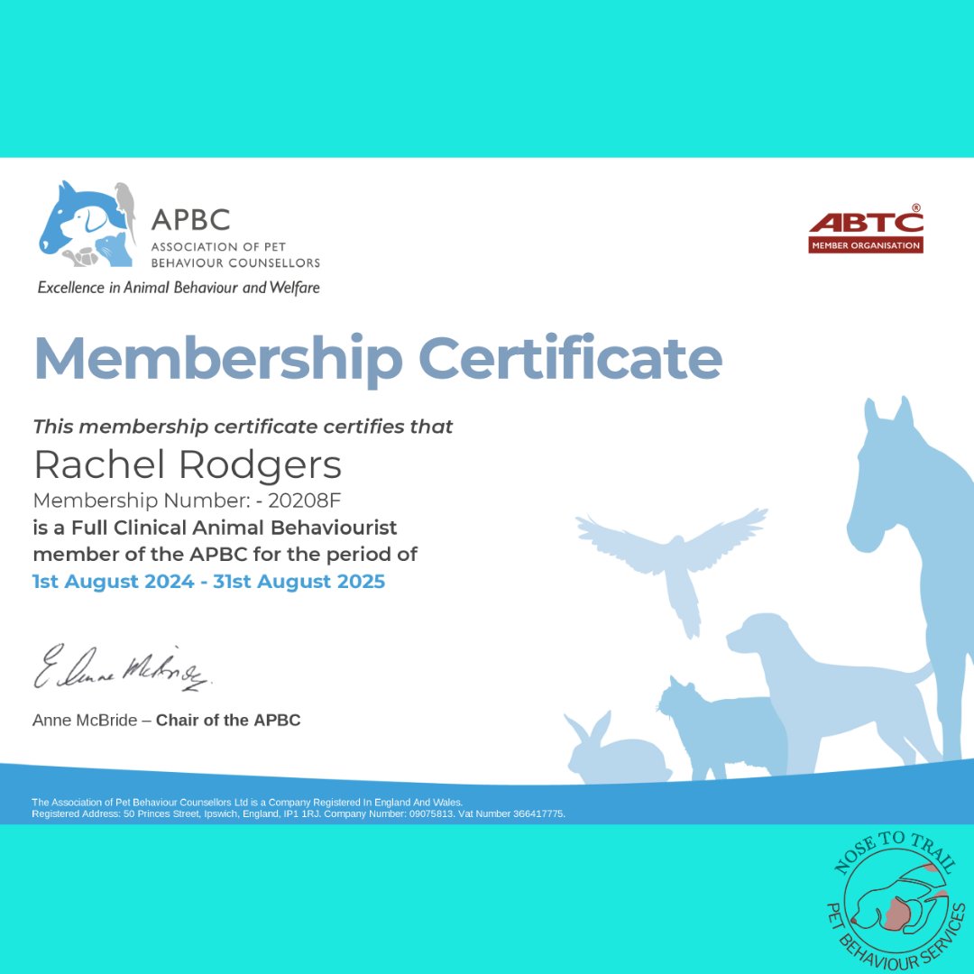 NoseToTrail's tweet photo. Delighted to once again renew my membership as a full member of the APBC - Association of Pet Behaviour Counsellors as a Clinical Animal Behaviourist.
#dog #dogbehaviour #dogtraining #apbc #behaviourist #ethicaltraining #forcefree #positivereinforcement https://t.co/EzOfyoqRzD