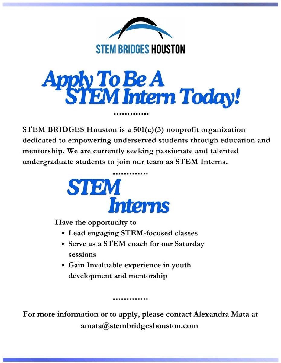 STEMBRIDGESHOU's tweet photo. STEM BRIDGES Houston is currently seeking passionate  undergraduate students to join our team as STEM Interns.

If you know of any students who might be interested in this  opportunity please share this tweet with them. https://t.co/zMbwoYITj1