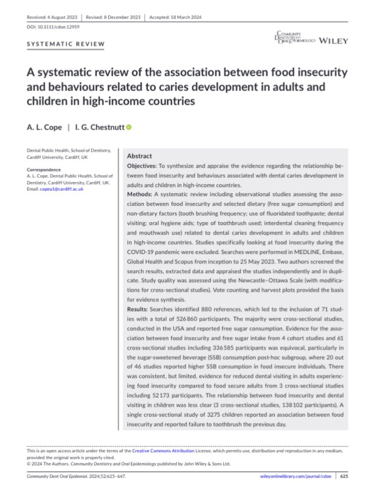 Community Dentistry Oral Epidemiology (@commdentoralepi) on Twitter photo What is the relationship between food insecurity and behaviours associated with dental caries development in adults and children in high-income countries?
A new systemic review from <a href="/IvorChestnutt/">Ivor Chestnutt</a> and Anwen Cope from <a href="/CardiffDental/">School of Dentistry I Ysgol Deintyddiaeth</a>
onlinelibrary.wiley.com/doi/10.1111/cd… What is the relationship between food insecurity and behaviours associated with dental caries development in adults and children in high-income countries?
A new systemic review from <a href="/IvorChestnutt/">Ivor Chestnutt</a> and Anwen Cope from <a href="/CardiffDental/">School of Dentistry I Ysgol Deintyddiaeth</a>
onlinelibrary.wiley.com/doi/10.1111/cd…