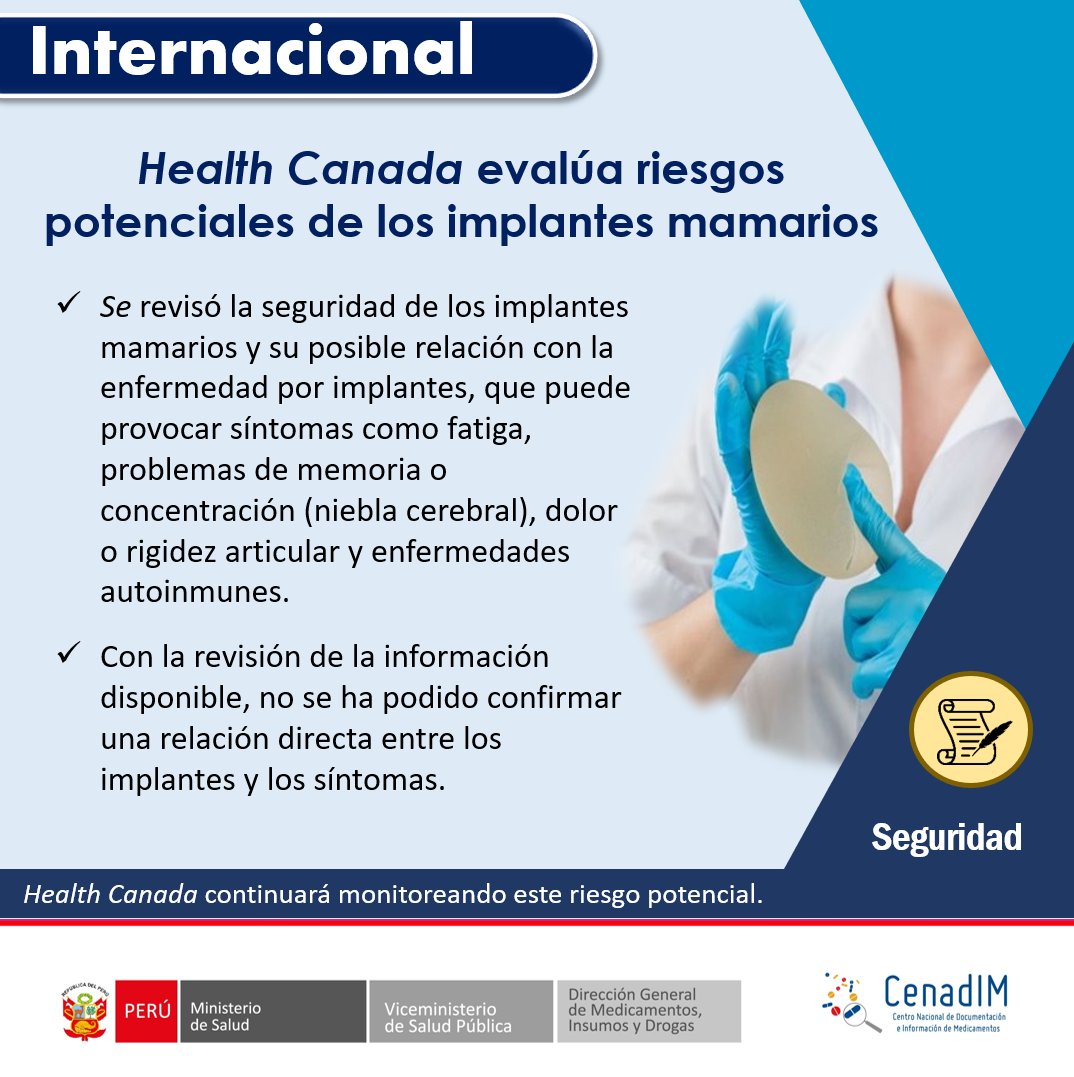 CENADIM's tweet image. 🔷📣 𝐍𝐎𝐓𝐈𝐂𝐈𝐀𝐒 𝐃𝐄 𝐈𝐍𝐓𝐄𝐑É𝐒
📌️𝐇𝐞𝐚𝐥𝐭𝐡 𝐂𝐚𝐧𝐚𝐝𝐚 𝐞𝐯𝐚𝐥ú𝐚 𝐫𝐢𝐞𝐬𝐠𝐨𝐬 𝐩𝐨𝐭𝐞𝐧𝐜𝐢𝐚𝐥𝐞𝐬 𝐝𝐞 𝐥𝐨𝐬 𝐢𝐦𝐩𝐥𝐚𝐧𝐭𝐞𝐬 𝐦𝐚𝐦𝐚𝐫𝐢𝐨𝐬.

#Tecnovigilancia #HealthCanada #Ereporting

bvcenadim.digemid.minsa.gob.pe/index.php/noti…