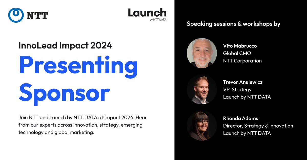 launchbynttdata's tweet image. Launch &amp;amp; NTTT Corp is a proud presenting sponsor for this years InnoLead Impact event. 
Hear from our experts for an engaging session across innovation strategy, emerging technology and global marketing. We look forward to seeing you there! innovationleader.com/impact/sponsor…