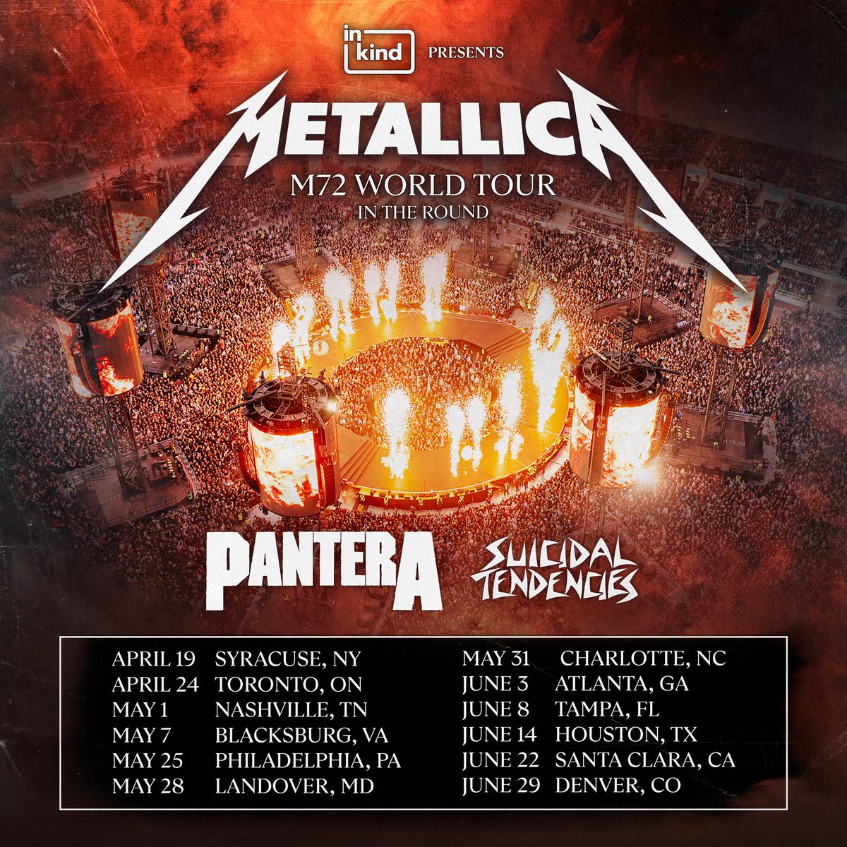 Pantera's tweet photo. Tickets for our upcoming tour with  Metallica &amp; Suicidal Tendencies are on sale now! 10am Local

Tickets/M&amp;G packages are available here: https://t.co/5nMtRVcXuj

#pantera #metallica #sucidaltendecies #m72 #Forthebrothers #forthefans #forlegacy #m72worldtour

📷: @metaldavemedia https://t.co/5RjRj4kpBF