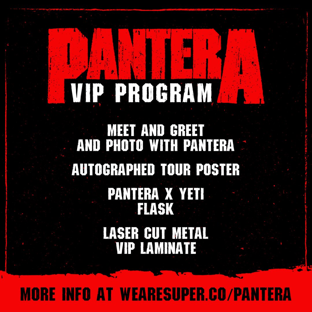 Pantera's tweet photo. Tickets for our upcoming tour with  Metallica &amp; Suicidal Tendencies are on sale now! 10am Local

Tickets/M&amp;G packages are available here: https://t.co/5nMtRVcXuj

#pantera #metallica #sucidaltendecies #m72 #Forthebrothers #forthefans #forlegacy #m72worldtour

📷: @metaldavemedia https://t.co/5RjRj4kpBF