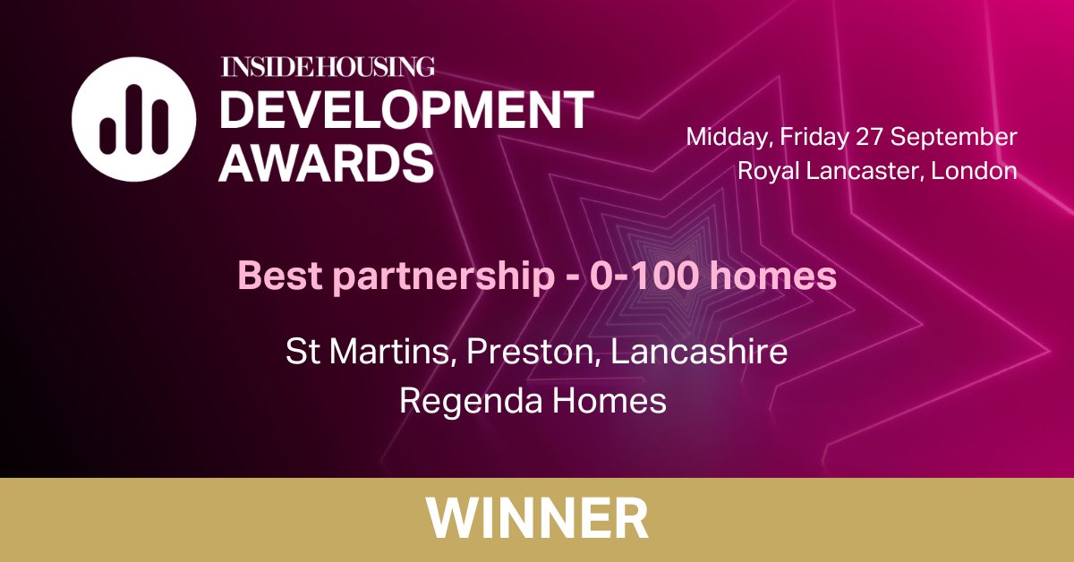 Inside Housing Development Awards (@ihdevelopment) on Twitter photo The ‘Best partnership - 0-100 homes' winner is <a href="/TheRegendaGroup/">The Regenda Group</a> for their St Martins development. Congratulations! 🏆 #IHDA2024 The ‘Best partnership - 0-100 homes' winner is <a href="/TheRegendaGroup/">The Regenda Group</a> for their St Martins development. Congratulations! 🏆 #IHDA2024