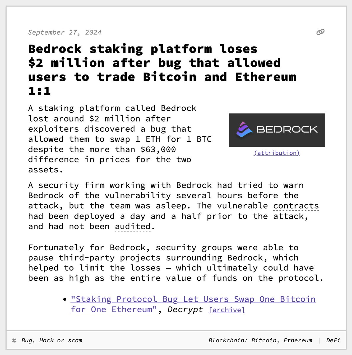 Bedrock staking platform loses $2 million after bug that allowed users to  trade Bitcoin and Ethereum 1:1 September 27, 2024