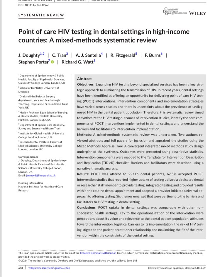 Community Dentistry Oral Epidemiology (@commdentoralepi) on Twitter photo Point of care HIV testing in dental settings in high-income countries: A mixed-methods systematic review
New from <a href="/janineyazdi/">Janine Yazdi-Doughty</a> and team
onlinelibrary.wiley.com/doi/10.1111/cd… Point of care HIV testing in dental settings in high-income countries: A mixed-methods systematic review
New from <a href="/janineyazdi/">Janine Yazdi-Doughty</a> and team
onlinelibrary.wiley.com/doi/10.1111/cd…