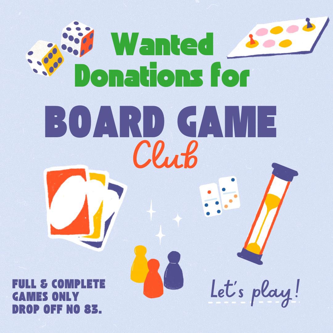 🎲Calling all board game lovers📢The Board Game Club is looking for donations of board games to grow their collection! If you have any gently used or new games you’d like to contribute, please bring them in to No 83. Every game helps our children build strategy, teamwork &amp; fun🙌