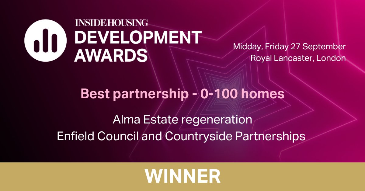 Inside Housing Development Awards (@ihdevelopment) on Twitter photo A huge well done to <a href="/EnfieldCouncil/">Enfield Council</a> and <a href="/Countryside_PS/">Countryside</a> for winning ‘Best partnership - 100+ homes’ with the Alma Estate regeneration 👏 #IHDA2024 A huge well done to <a href="/EnfieldCouncil/">Enfield Council</a> and <a href="/Countryside_PS/">Countryside</a> for winning ‘Best partnership - 100+ homes’ with the Alma Estate regeneration 👏 #IHDA2024