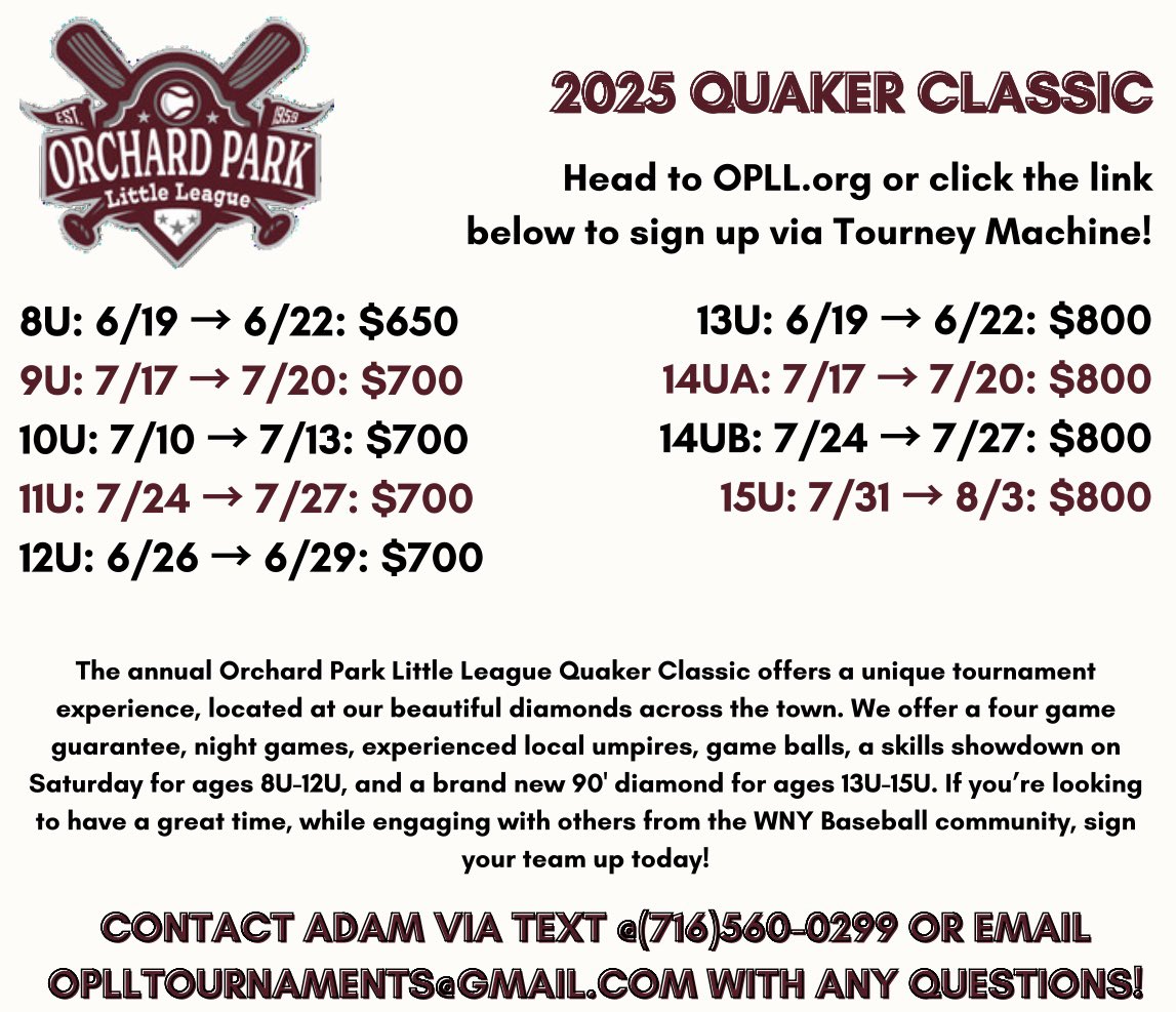 adam_suff's tweet photo. After just two short weeks, the 2025 OPLL Quaker Classic is already 50% full! Reserve your spot today! 

https://t.co/w8Wh7u2FVk 

#wnybaseball https://t.co/WwHDDHTbRk