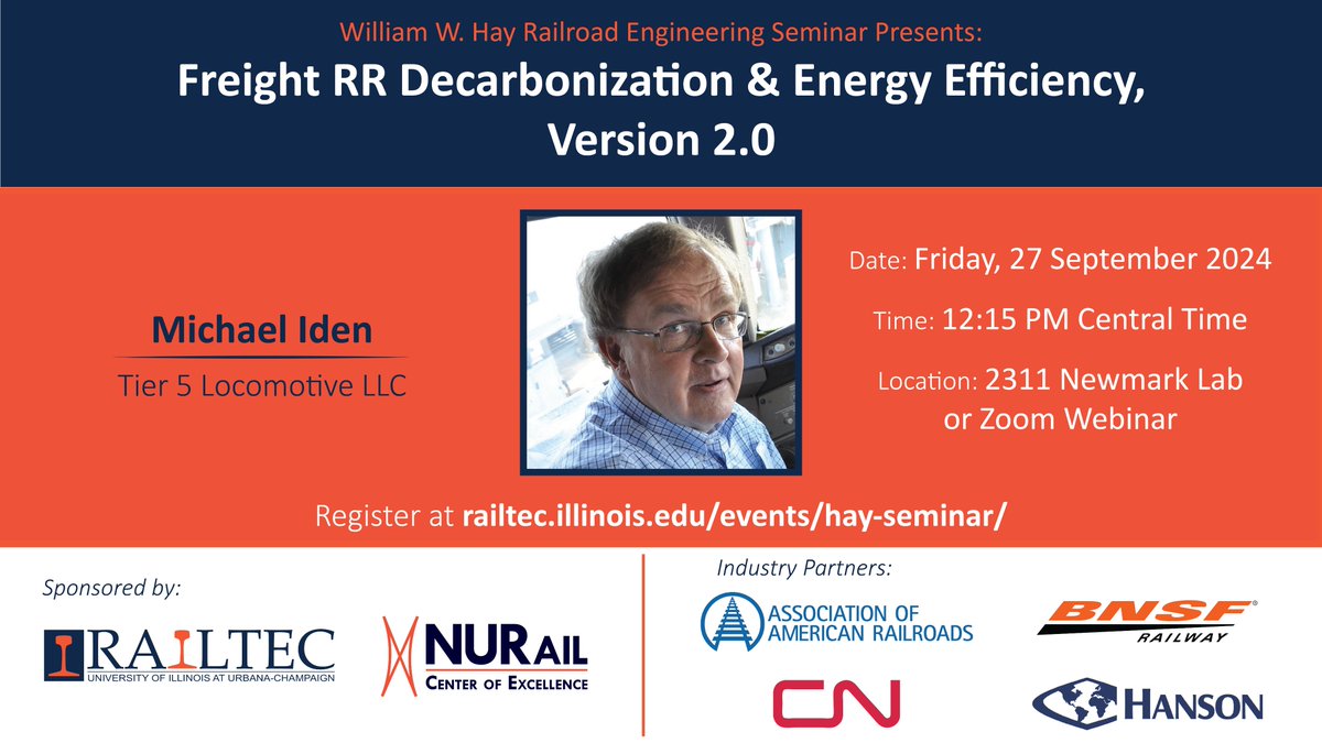 Join us today for Michael Iden's presentation "Freight RR Decarbonization &amp; Energy Efficiency, Version 2.0" as part of our William W. Hay Railroad Engineering Seminar Series. 

Register at railtec.illinois.edu/events/hay-sem…