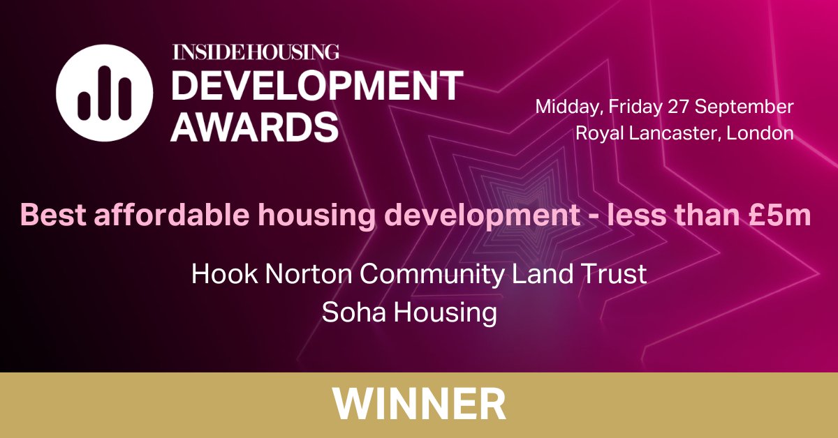 Inside Housing Development Awards (@ihdevelopment) on Twitter photo Congratulations to <a href="/SohaHousing/">Soha Housing</a> for winning ‘Best affordable housing development - less than £5m’ with the Hook Norton Community Land Trust development 🏆 #IHDA2024 Congratulations to <a href="/SohaHousing/">Soha Housing</a> for winning ‘Best affordable housing development - less than £5m’ with the Hook Norton Community Land Trust development 🏆 #IHDA2024