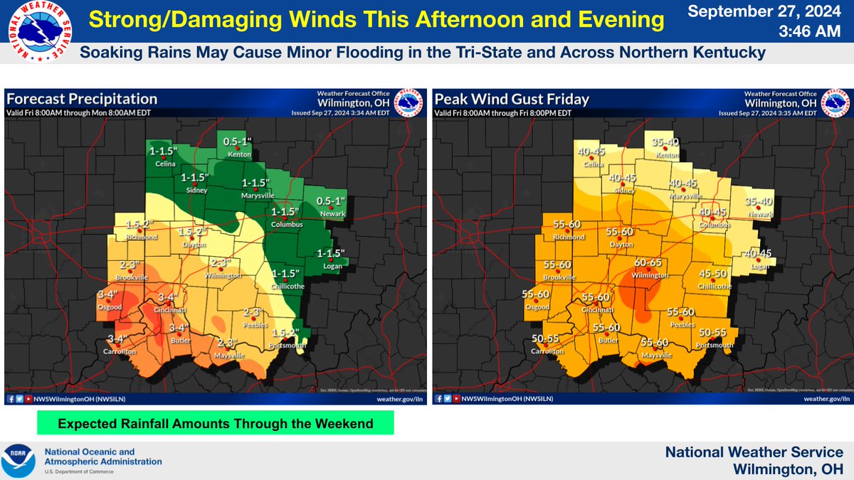 Hurricane Helene shifted its path overnight causing an increase in our expected impact. National Weather Service is now predicting 2 to 4 inches of rainfall which may result in minor flooding (ponding on roadways). The National Weather Service has upgraded the Wind Advisory to