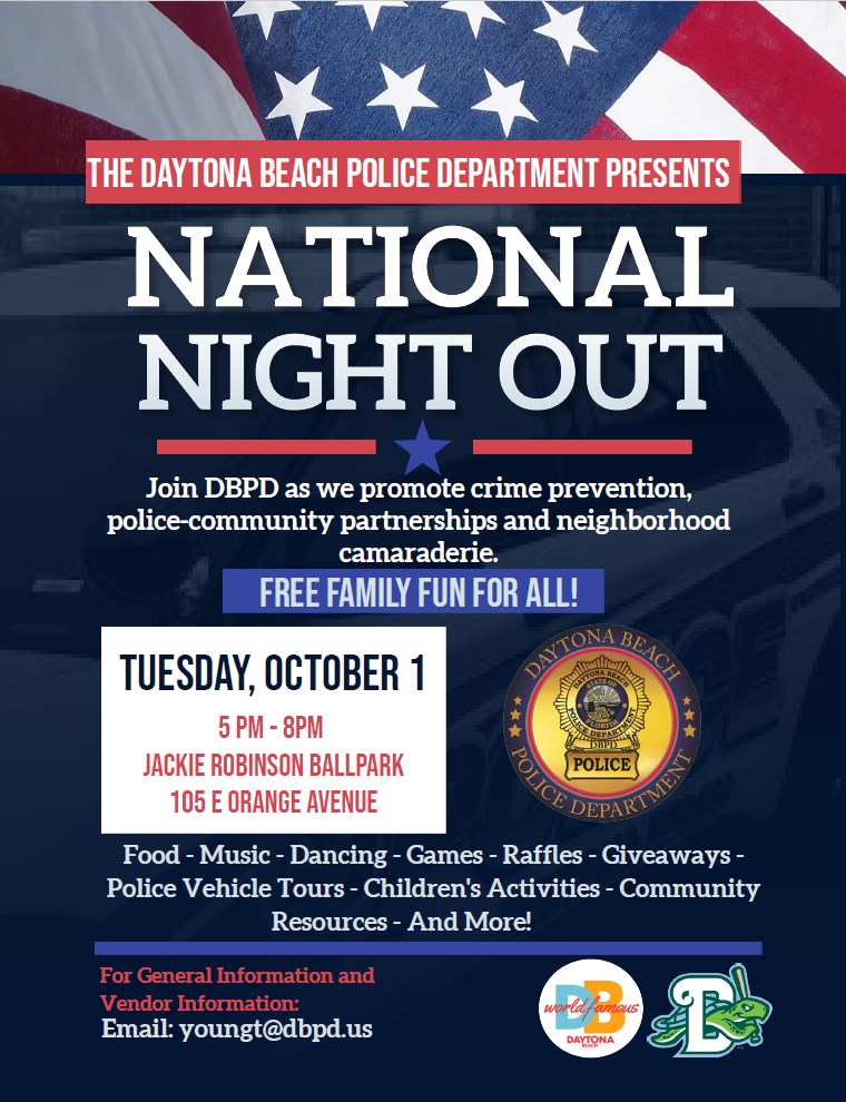 National Night Out is just DAYS away, and we can't wait!

Join the DBPD for an evening of FREE family fun, community connections, and crime prevention awareness. Let’s make this the biggest event yet!

🗓️ Tuesday, October 1 | ⏰ 5 PM - 8 PM 📍 Jackie Robinson Ballpark