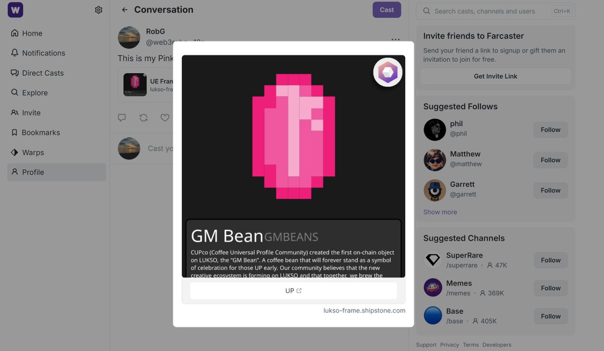 My Pink GM! Bean by <a href="/_CupCo/">CUP ☕️🆙⛓️</a> ☕️
Casted to <a href="/farcaster_xyz/">Farcaster</a> via <a href="/Shipstone_labs/">Shipstone Labs</a> 🔗
Powered by #LUKSO ⚡️
