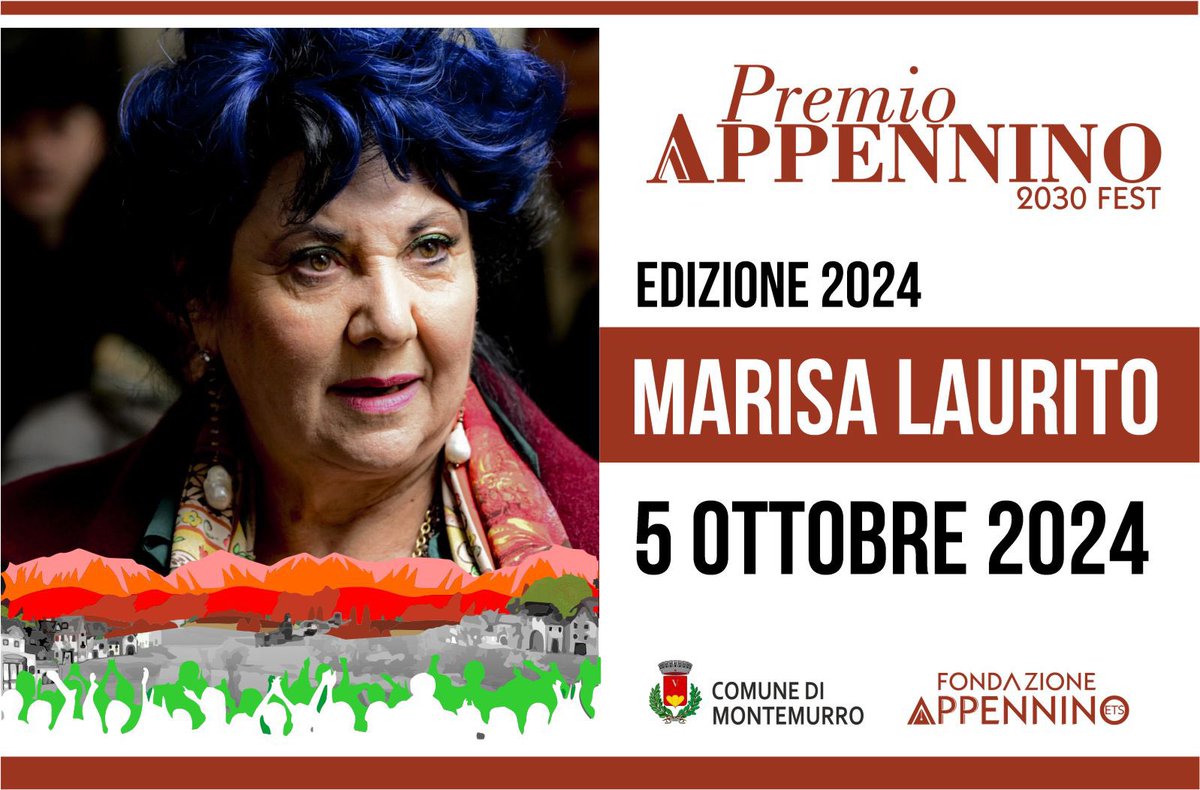 #PremioAppennino 2030Fest il 4 e 5 ottobre a Montemurro in #Basilicata.
In anteprima la prima premiata del #PremioAppennino2024, Marisa Laurito 🤩 per le sue battaglie civili, per l’impegno per i diritti umani che la elevano a testimone di una urgente richiesta di pace.