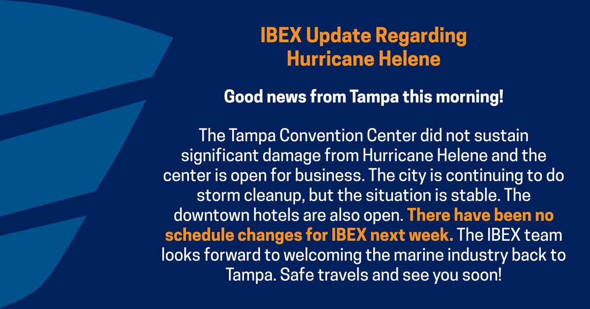 IBEX Update Regarding Hurricane Helene

Good news from Tampa this morning!