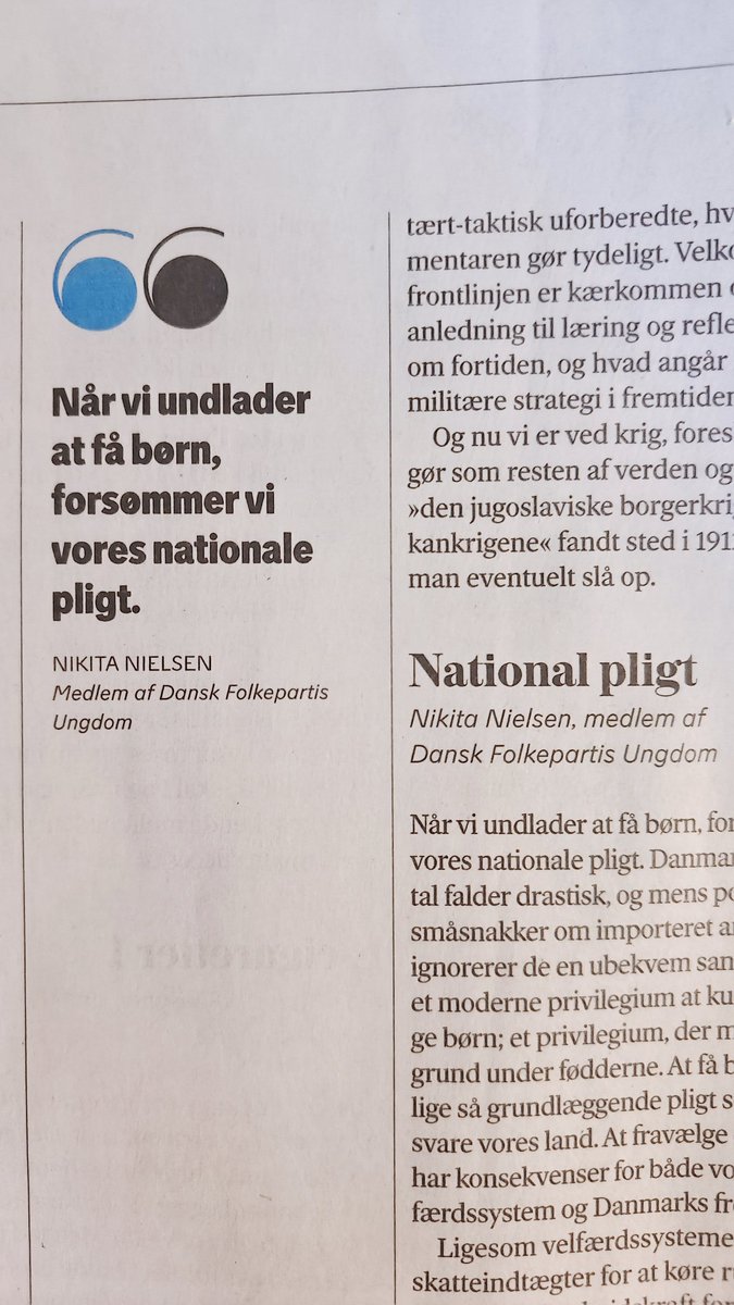 Nyt læserbrev i Weekendavisen! 🇩🇰

At have børn er lige så stor en national pligt som at forsvare sit land, men det er en pligt, vi forsømmer.

Alle skal bidrage økonomisk til vores velfærd, vi bør have samme tilgang, når det kommer til børn.🚩

 #dkpol #dkmedier