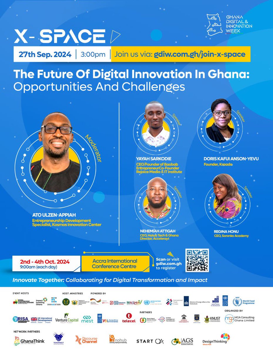 Join us for this Ghana Digital Innovation Week related X Space today, September 27, 2024 at 3pm as <a href="/Abocco/">Ato Ulzen-Appiah #MightyAfrican</a> moderates a discussion on The Future of Digital Innovation in Ghana: Opportunities and Challenges.
<a href="/BaobabEntrepre1/">Baobab Entrepreneur</a> 
bit.ly/GDIW24XSpace

 #GDIW24