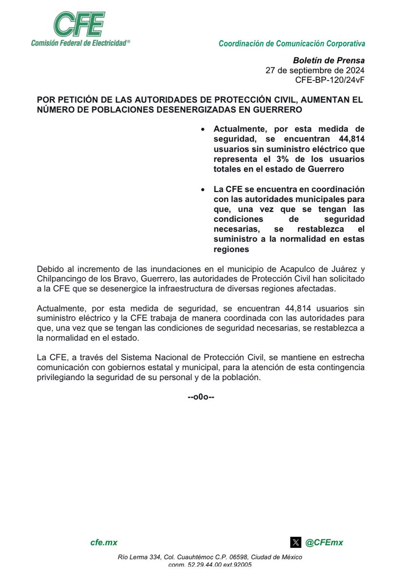 Debido al incremento de las inundaciones en de Acapulco de Juárez y Chilpancingo de los Bravo, Guerrero, las autoridades de Protección Civil han solicitado a la <a href="/CFEmx/">CFEmx</a> que se desenergice la infraestructura de diversas regiones afectadas. bit.ly/4eDkLvd