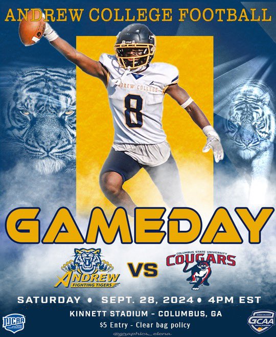 TigersAndrew's tweet photo. The Fighting Tigers are road warriors for the 2nd week in a row! 🔥

Andrew College is looking to go 4-0 this season as they travel to Columbus, GA to take on the Cougars of Columbus State. 

📍 Kinnett Stadium
🕓 4:00 PM Kickoff  

Let’s keep the streak alive! 💪 #RoadWarriors https://t.co/ct54NOe35Y