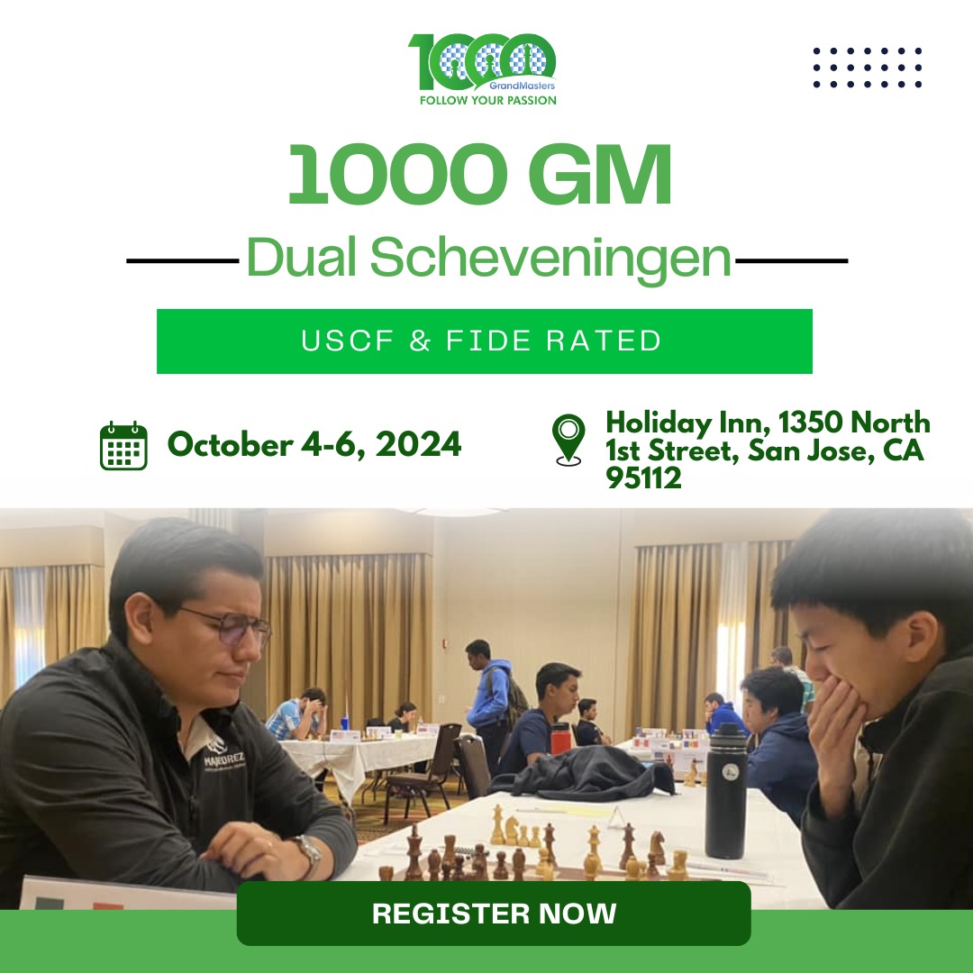 Save the date for the 1000 GM Dual Scheveningen tournament! USCF &amp; FIDE-rated players face off in San Jose, Oct 4-6. Ready to join the action? 

📍 Holiday Inn, 1350 N 1st St, San Jose, CA

#1000GM #ChessTournament #USCF #FIDERated #SanJoseChess #DualScheveningen #ChessLife