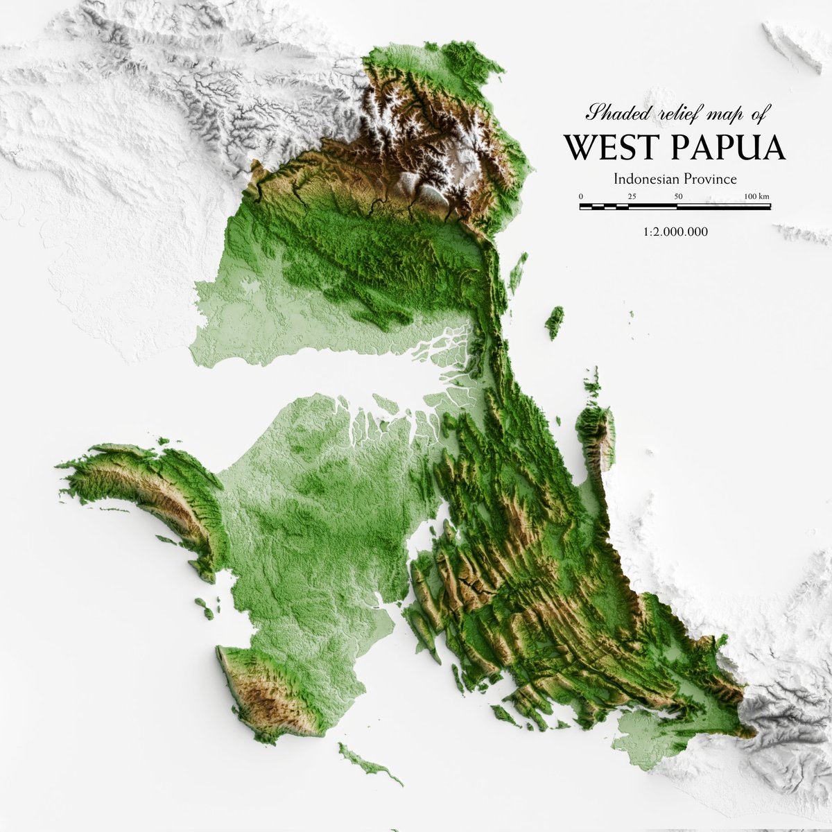 pixelattemaps's tweet photo. Here are #ShadedRelief maps of #WestPapua Province, showcasing its breathtaking landscape. One of the most captivating features is the mountain ridge structure, formed by the tectonic activity of the #LengguruFold and #ThrustBelt in the heart of the province. #3Dmap #QGIS https://t.co/s8pRz3MVcz