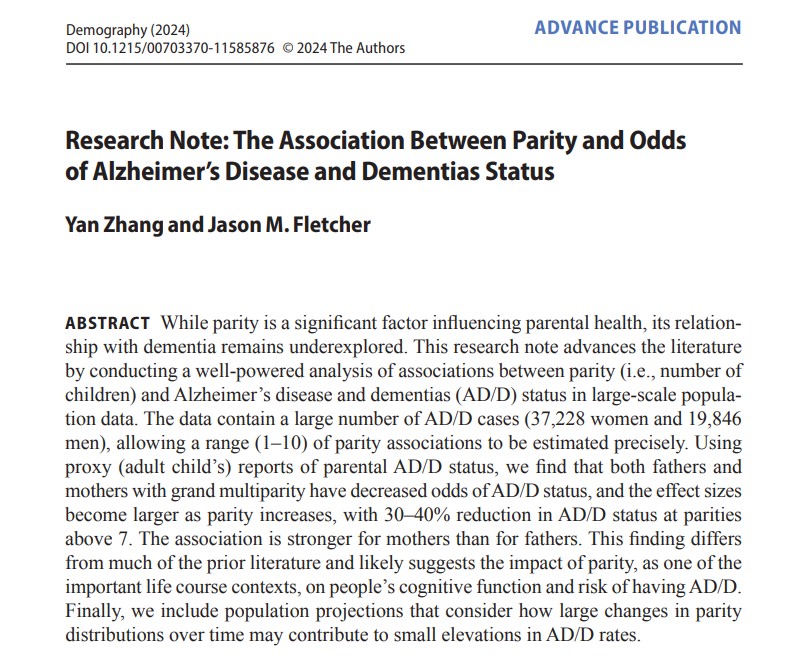 <a href="/YanZhang_Soc/">Yan Zhang</a> &amp; <a href="/jasonmfletcher/">Jason Fletcher</a>—in “The Association Between Parity &amp; Odds of Alzheimer’s Disease &amp; Dementias Status”—report negative correlations btw parity &amp; odds of AD/D for mothers &amp; fathers, especially for mothers. <a href="/EastCarolina/">ECU</a> <a href="/UW_CDE/">UW-Madison CDE</a> <a href="/UWLaFollette/">La Follette School of Public Affairs</a>  ow.ly/GmP550Txn1B